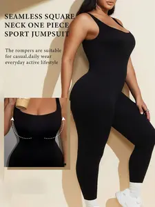 Spring PLUS SIZE Women Workout Seamless Jumpsuit, Sporty Comfy Jumpsuit, Yoga Ribbed Bodycon, Detachable Padding, Comfortable Square Neck, Slimming Waist, Sporty&Daily Wear, Thick Seamless Fabric, Stretchable Activewear, Workout Gym Clothing