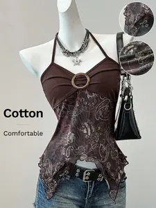 Summer Y2k Vintage Grunge Vacation Brown Paisley Top Woman Retro Print Through Top