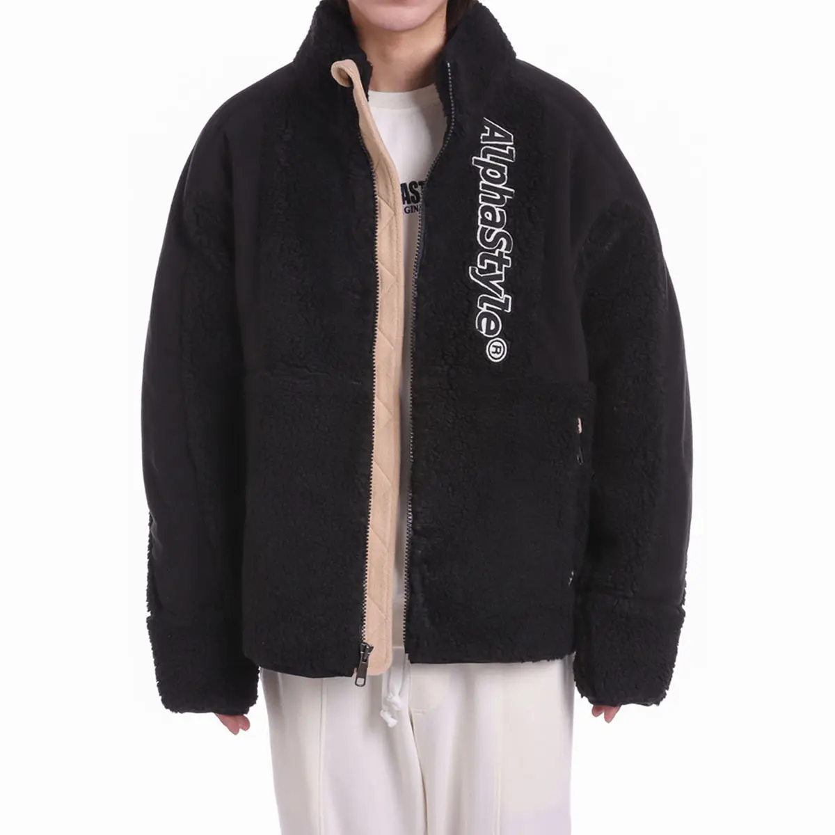 AlphaStyle Wilma Vegan Sherpa Zip Jacket - Ultra-Soft Fleece Streetwear with Breathable Mesh Lining, Tonal Patchwork Aesthetic & Bold Logo Embroidery