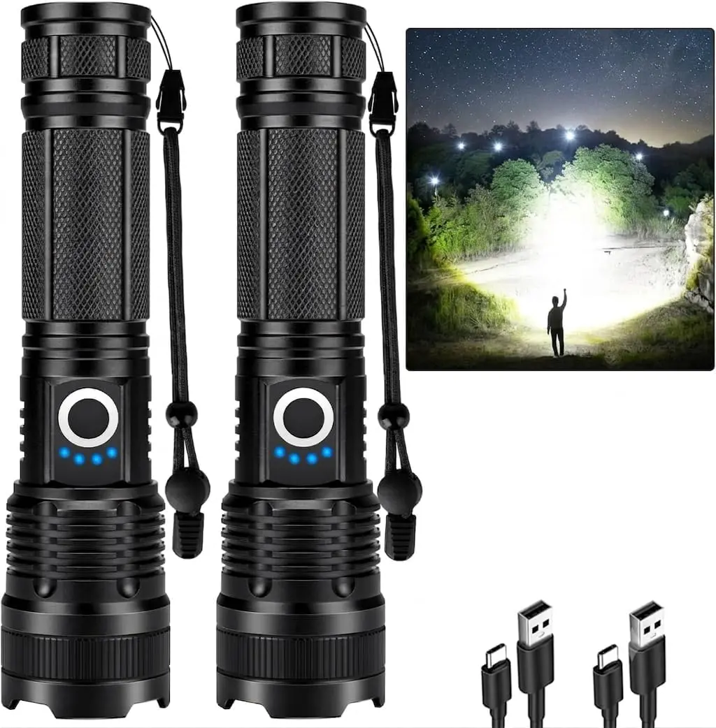 【SumerVibes】Rechargeable LED Flashlight,  High Lumens Super Bright Tactical Flashlight, 5 Modes Adjustable Focus, Waterproof Powerful Handheld Flash Light for Camping Home Emergency (2 Pack) household item