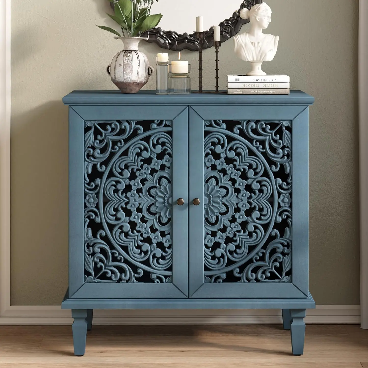 Vintage Hollow-Carved Accent Cabinet, 2-Door Display Storage Sideboard with Symmetrical Floral Design, Adjustable Shelf and Solid Wood Legs for Living Room Entryway(Antique Blue)