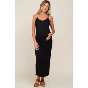 Black Ribbed Sleeveless Maternity Maxi Dress