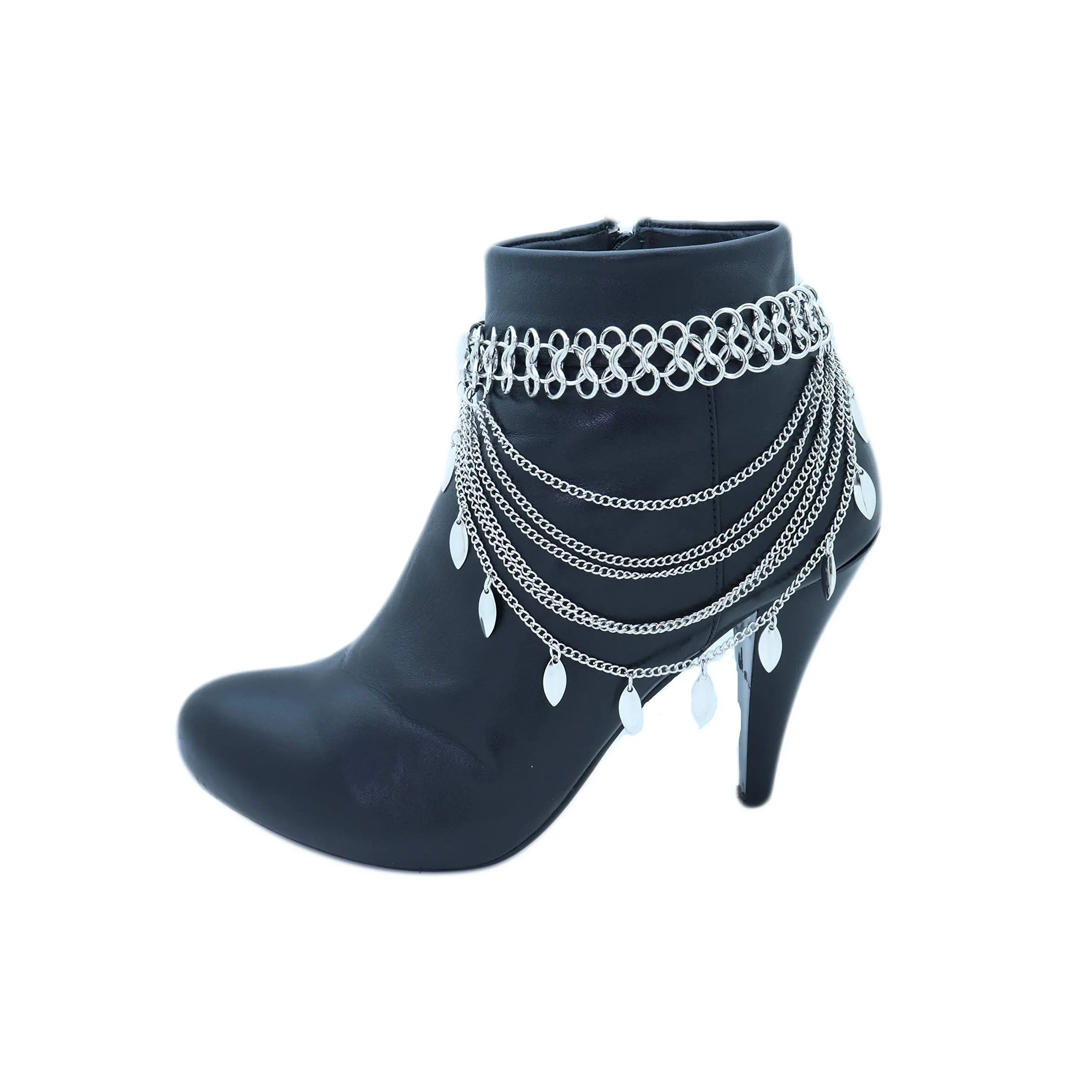 Women Western Fashion Jewelry Metal Boot Chain Anklet High Heel Shoe Leaf Charm Multi Wave Strands