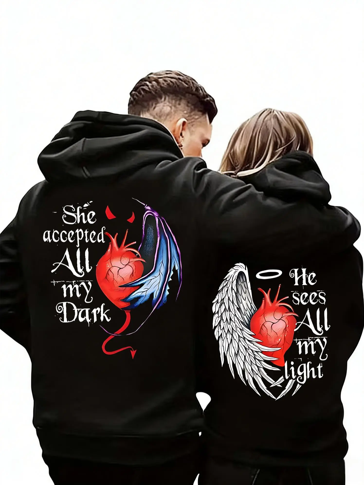 Women's Graphic Print Hoodie, Casual Fitted Plush Pullover with Kangaroo Pocket, Valentine's Day Couples Outfit, Hoodies For Women, Alternative Graphic Women's Hoodies