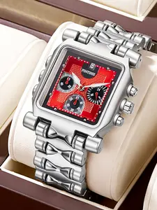 Cyberpunk Style Watch, Silver Color Stainless Steel Square Case, Colorblock Three Eye Dial, Unique Bamboo Link Strap, Men's Fashion Watch