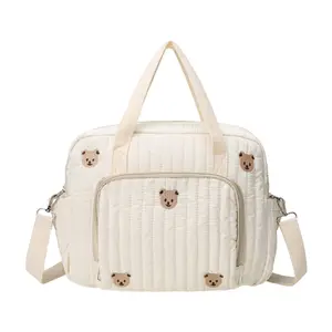 Bear/Flower Quilted Travel Diaper Tote Cotton Crossbody Maternity Bag with Adjustable Strap Messenger Shoulder Bag Diaper Handbag for Modern Parents