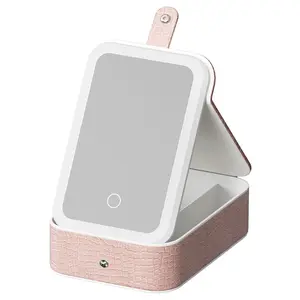 Portable makeup bag with LED light, USB rechargeable, waterproof PU leather storage bag, compact travel makeup handbag, makeup bag with zipper and button