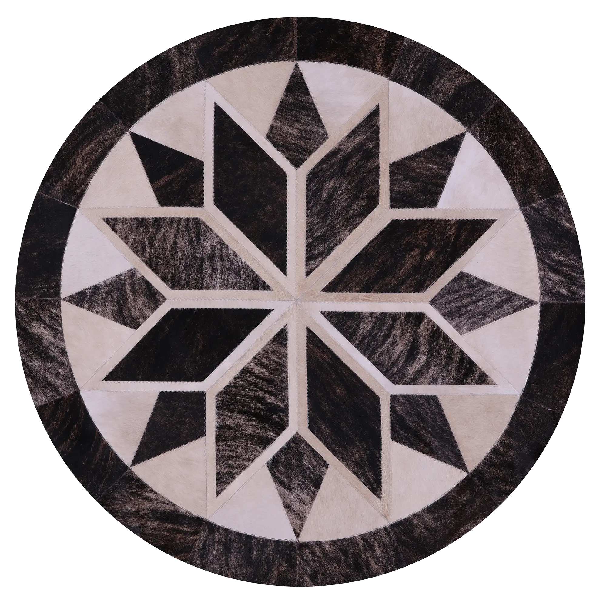 Brown Brindle Round Star Natural Cowhide Hand Stitched Patchwork Rug - 5' 0" X 5' 0"