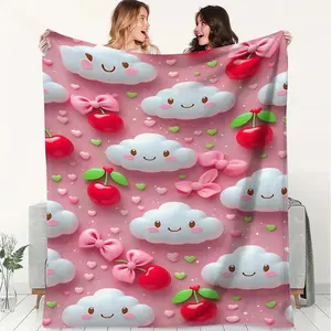 Whimsical Pastel Pink Clouds Blanket, Cute 3D Style Throw Blanket with Smiling Faces & Cherry Designs, Cozy Flannel Blanket for Home Decor, Camping, Traveling, Office Warmth & Naps