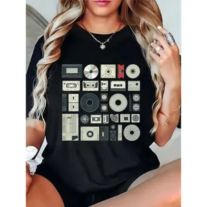 Women's Retro Audio Video Media Graphic T-Shirt | Cassette Tape, CD, Vinyl Record, Film Reel Print | Casual Music Lover Vintage Top for Concerts, Festivals, Daily Wear 100% Cotton T-shirt