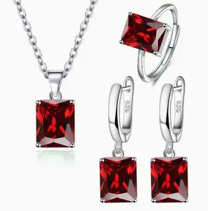 Silver-Tone Princess Cut Red Cubic Zirconia Jewelry Set (Necklace, Earrings, Ring) for Women