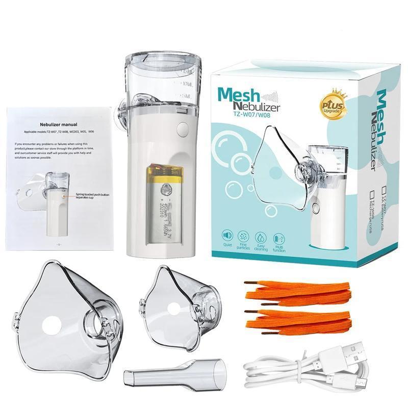 Portable Nebulizer for Adults & Kids Handheld Mesh Design – Ultrasonic Plug-in type. Nebulizer with Battery Included for Travel & Home Use (Blue & White) with Skin Care Glow Other products include theRechargeable Mesh SpacerMachine, which is also suitable