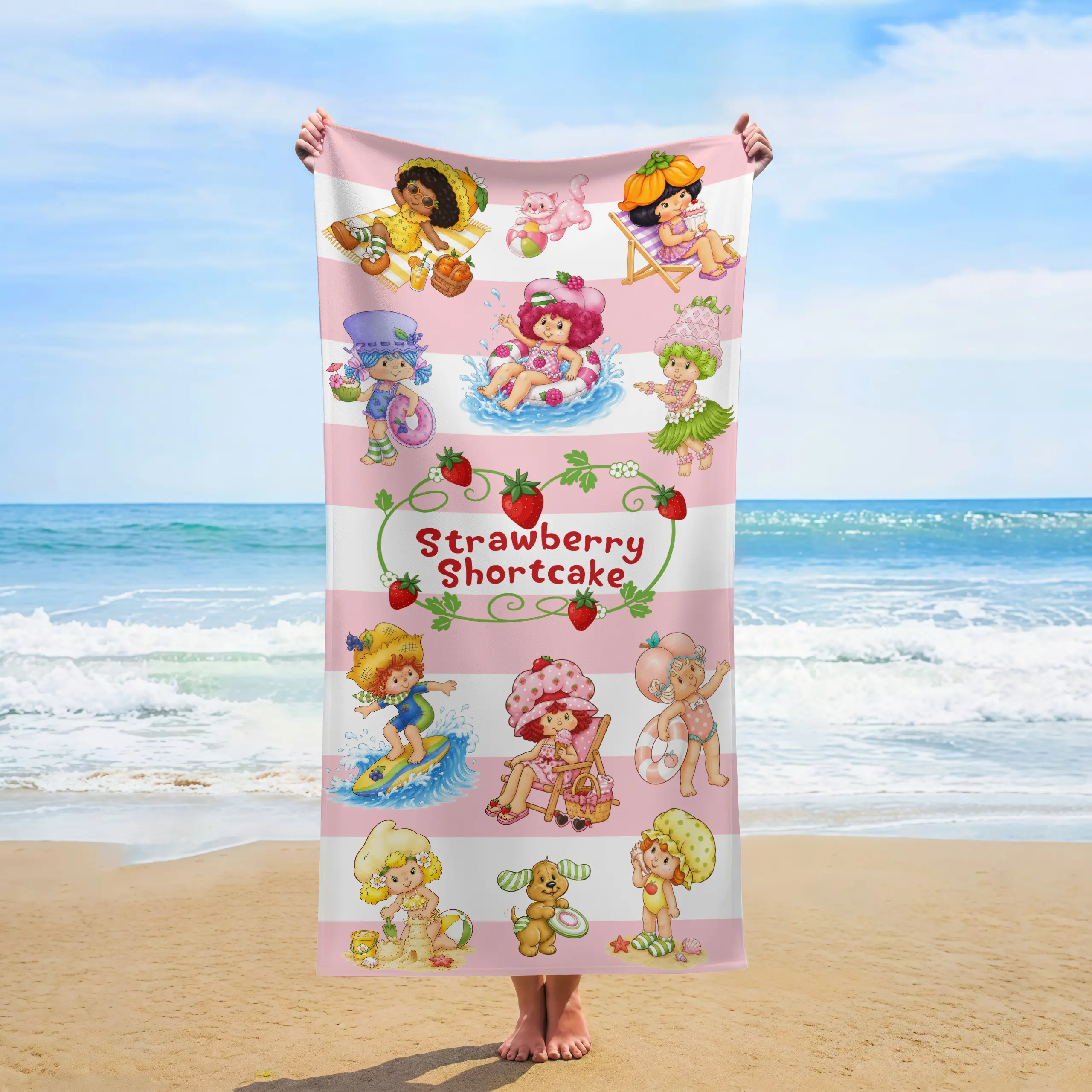 Vintage Strawberry Shortcake Beach Towel, Retro Cartoon Pink Stripe Quick-Dry Bath & Hand Towel Alternative, Beachy Girls’ Summer Vacation Gift