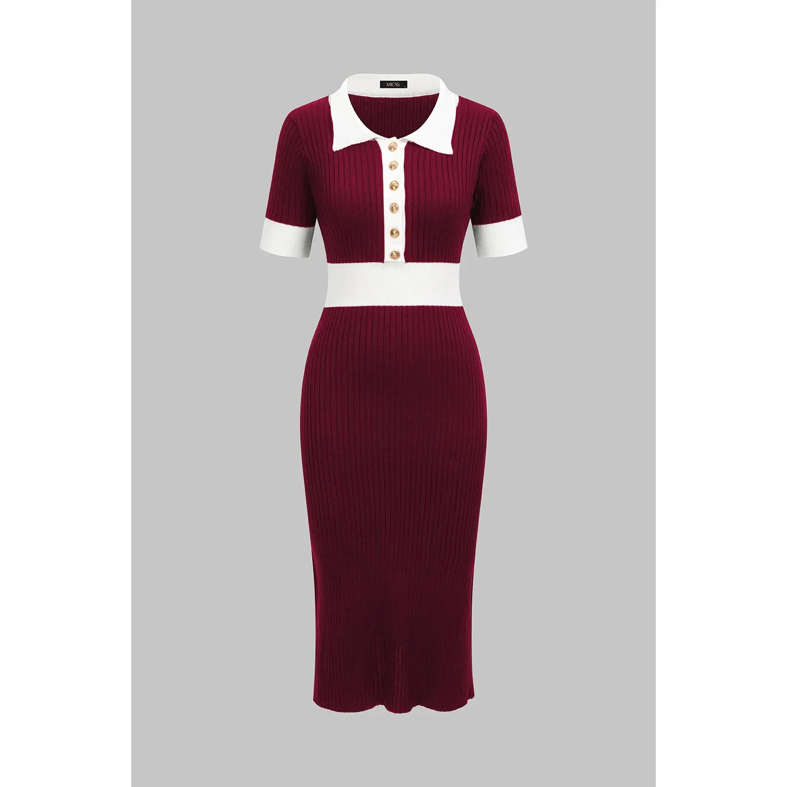Knit Contrast Polo Collar Button Short Sleeve Midi Dress