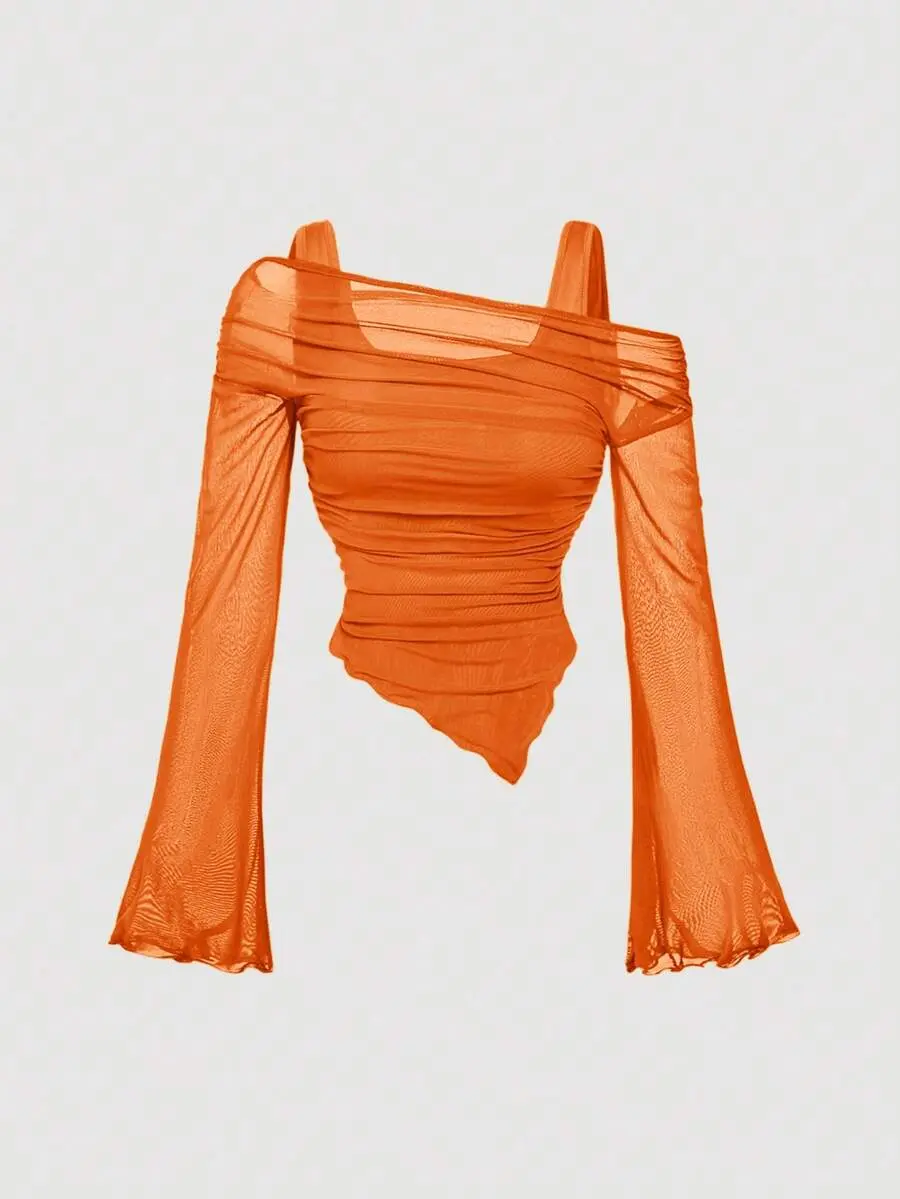 BAE Burnt Orange Plus Size Asymmetric Hem Flared Sleeve T-Shirt,Autumn Classy Night Out Club,Punk Korean Style,Vintage Goth Streetwear Women Basic Tops