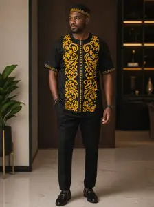 Men's Black Embroidery Short Sleeve Shirt with Pant and Kufi Hat