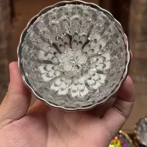 Silver Plated Peacock Pattern Jianzhan Bowl with Detailed Floral Design and Elegant Silver Accents Porcelain Serving Dish for Special Occasions - Dinnerware Sets