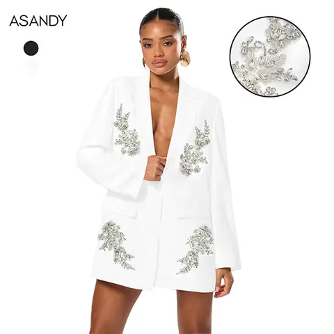 ASANDY Women's White Sequin Notched Blazer Dress - Elegant Longsleeve Formal Wear, Oversized Cut, All Seasons, Hand Wash Only, Normal Type for Formal Parties, Evening Occasions
