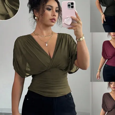 Fashion Summer V-Neck Backless Batwing Short Sleeve Solid Color Crop T-Shirt, Women's Stylish Aesthetic Top, Chic Design, Perfect for Casual Wear