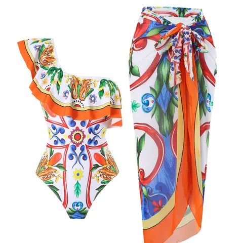 Women's All Over Print One-piece Swimsuit & Swimsuit Coverup Skirt Set, Beachwear Cover Up, Bathing Suit Cover Ups, Swimsuits Cover Ups, Swimwear Coverups, Casual Fashion Swimwear Set for Beach Holiday Vacation, Ladies Swimsuit for All Seasons