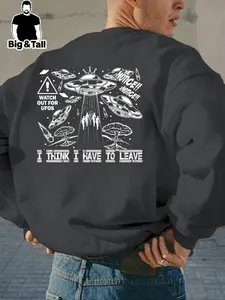 【Plus Size】 Men's UFO Print Round Neck Sweatshirt, Regular Fit Casual Long Sleeve Crew Neck Pullover for Fall & Winter, Men's Clothes for Daily Wear