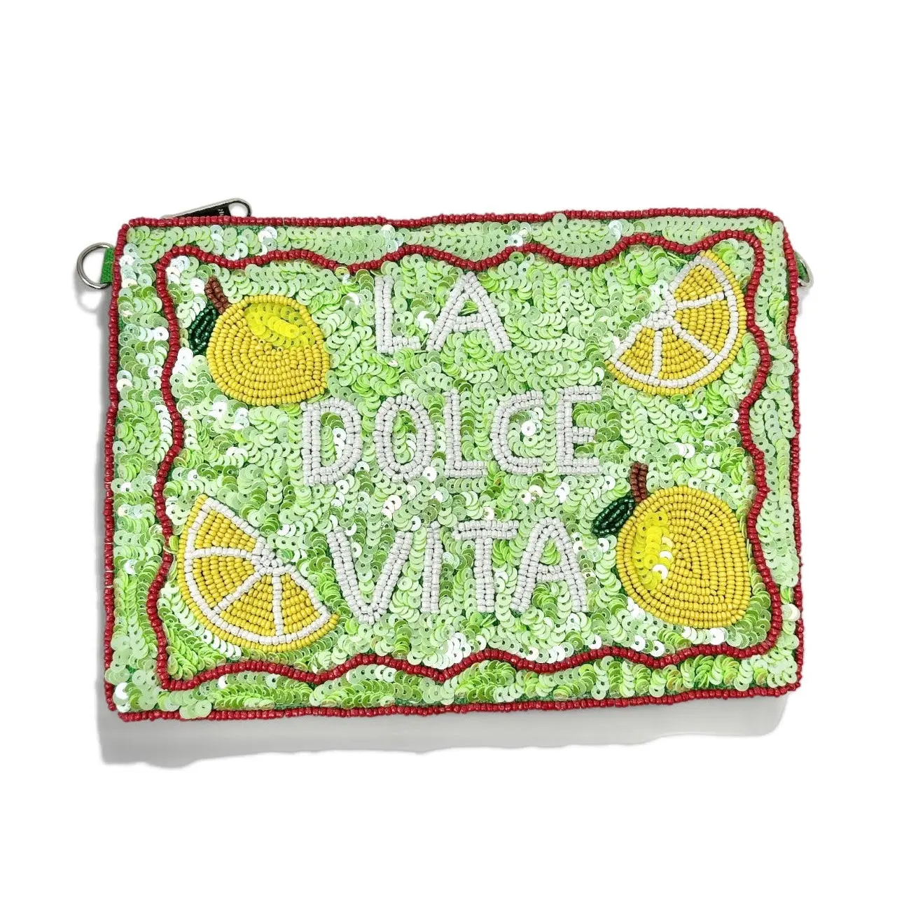 Women's La Dolce Vita Large Lemon Beaded Clutch Pouch - Beads, Bright Lemon Motifs, Bold Red Trim, Chain Crossbody Wristlet