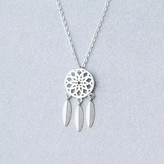 925 Sterling Silver Dreamcatcher Necklace – Boho Feather Pendant for Women