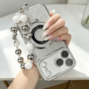 Luxury 4-in-1 Phone Accessories Set for iPhone 17/16/15/14 Plus/13/12 Pro Max, Diamond-Plated Phone Case + Glitter Card + Magnetic Stand + Exquisite Chain, Drop-Proof, High Lens Protection, Stylish & Durable, Perfect for Everyday Glam Convenience