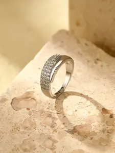 Silver Plated Crossover Ring with Paved CZ - Minimalist Open Band Ring for Women, Everyday Statement Jewelry