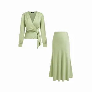 Cider Satin V-neck Draped Pearl Button Top &  Mid Rise Mermaid Maxi Skirt Set