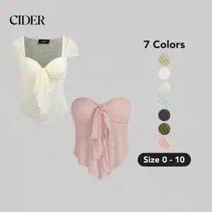 Cider [7 colors, size 0-10] Santorini Beach Vacation Floral Tie Front Tube Top, Short Sleeve Top
