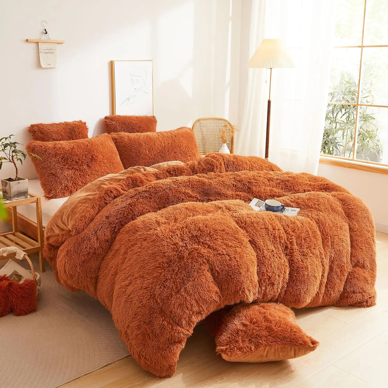 Fluffy Faux Fur Duvet Cover Queen Size, Luxury Shaggy Plush Burnt Orange Comforter Cover 1 PC, Soft Furry Fuzzy Velvet Terracotta Bedding with Zipper Closure for Bedroom