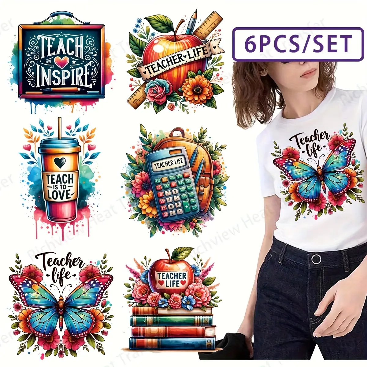 Teacher Appreciation Iron-On Patches Set, Vibrant Vinyl Heat Transfers for DIY Crafts, DIY Material, Perfect Gift for Educators & School Events