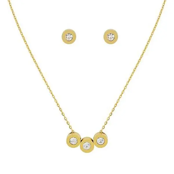 Stately Steel Triple Bezels Necklace and Earrings