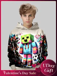 Boys' 3D Print Long Sleeve Minecraft Creeper Graphic Hoodie, Casual Fitted Pullover for Spring & Fall, Outdoor Hooded Sweatshirt, Moderate Fabric Thickness