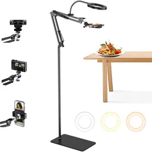 Floor Overhead Phone Mount with Ring Light for Filming, , Live Stream, LED Selfie Light Phone Tripod Stand for Content Creators, Compatible with  & Android, Hand-Free for Recording