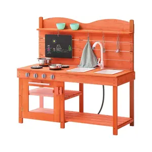 Mud Kitchen for Kids, Wooden Toy Play Kitchen Set, Outdoor Toddler Grocery Store Playset for Boys & Girls, Pretend Play Kitchen with Stoves, Sink, Faucet, Blackboard, Cookware Pots, Accessories