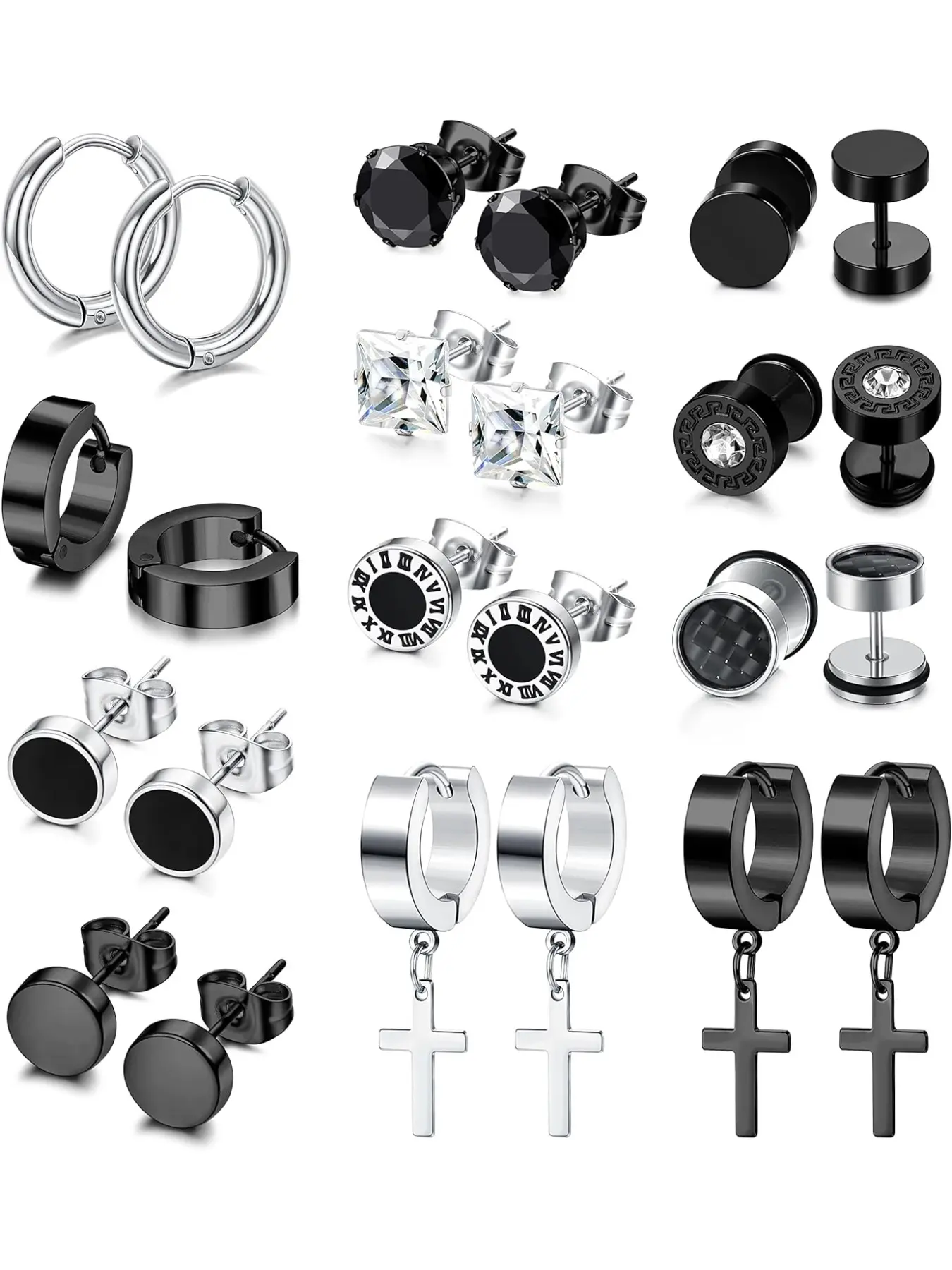 12 Pairs Mens Earring Studs, 8MM Stainless Steel Screw Studs Cartilage Earrings Hoops Cool Stud Ear Tunnel Piercing for Men Boy