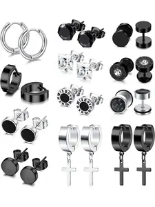 12 Pairs Mens Earring Studs, 8MM Stainless Steel Screw Studs Cartilage Earrings Hoops Cool Stud Ear Tunnel Piercing for Men Boy Studded Cross Earrings