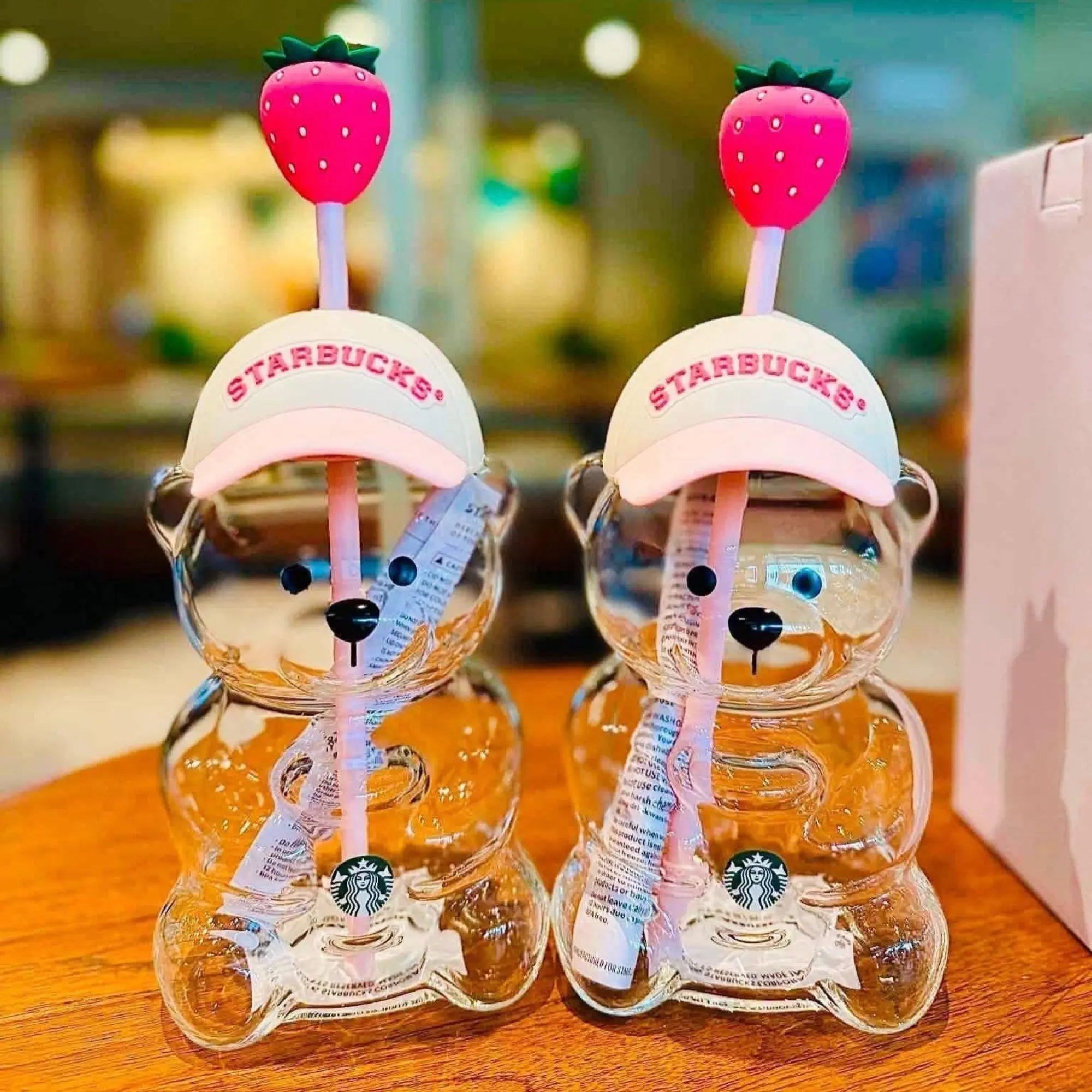 Starbucks 2026 Bearista BearCup Strawberry Topper Baseball Cap Special Edition - Aesthetic Glass Tumbler for Iced Coffee & Water - Cute Gift for Her
