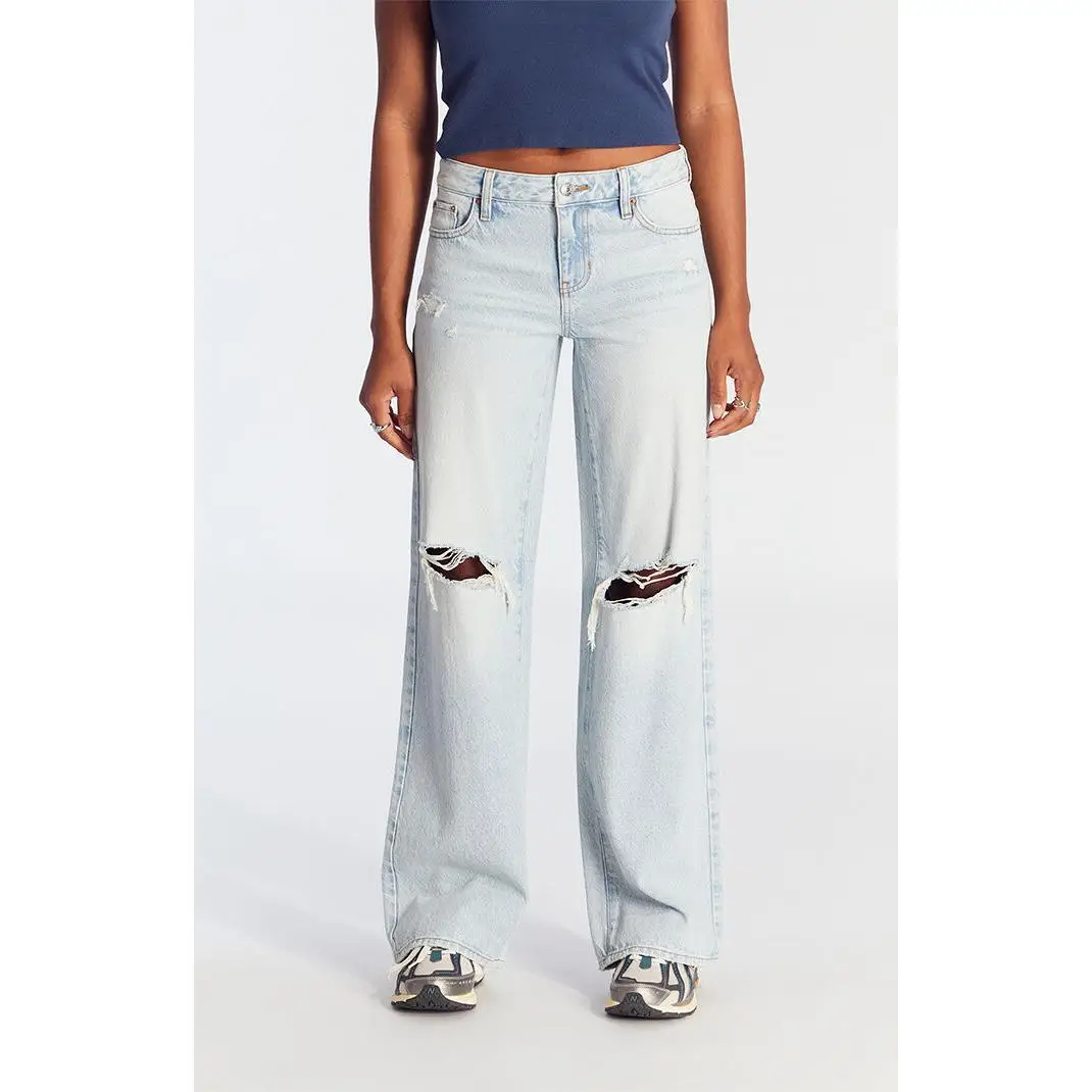 Pacsun Women's Casey Fray Low Rise Baggy Jeans Ripped Light Indigo
