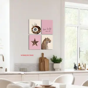 4-Piece Set - Pink Lucky Leopard Print Wall Art Quartet, Vintage Millennial College-Style Canvas Art, Lucky No. 8 Basketball Star with Fashion Quotes, Bedroom Dorm Bathroom Home Decor, Frameless Canvas Print Decorative Art