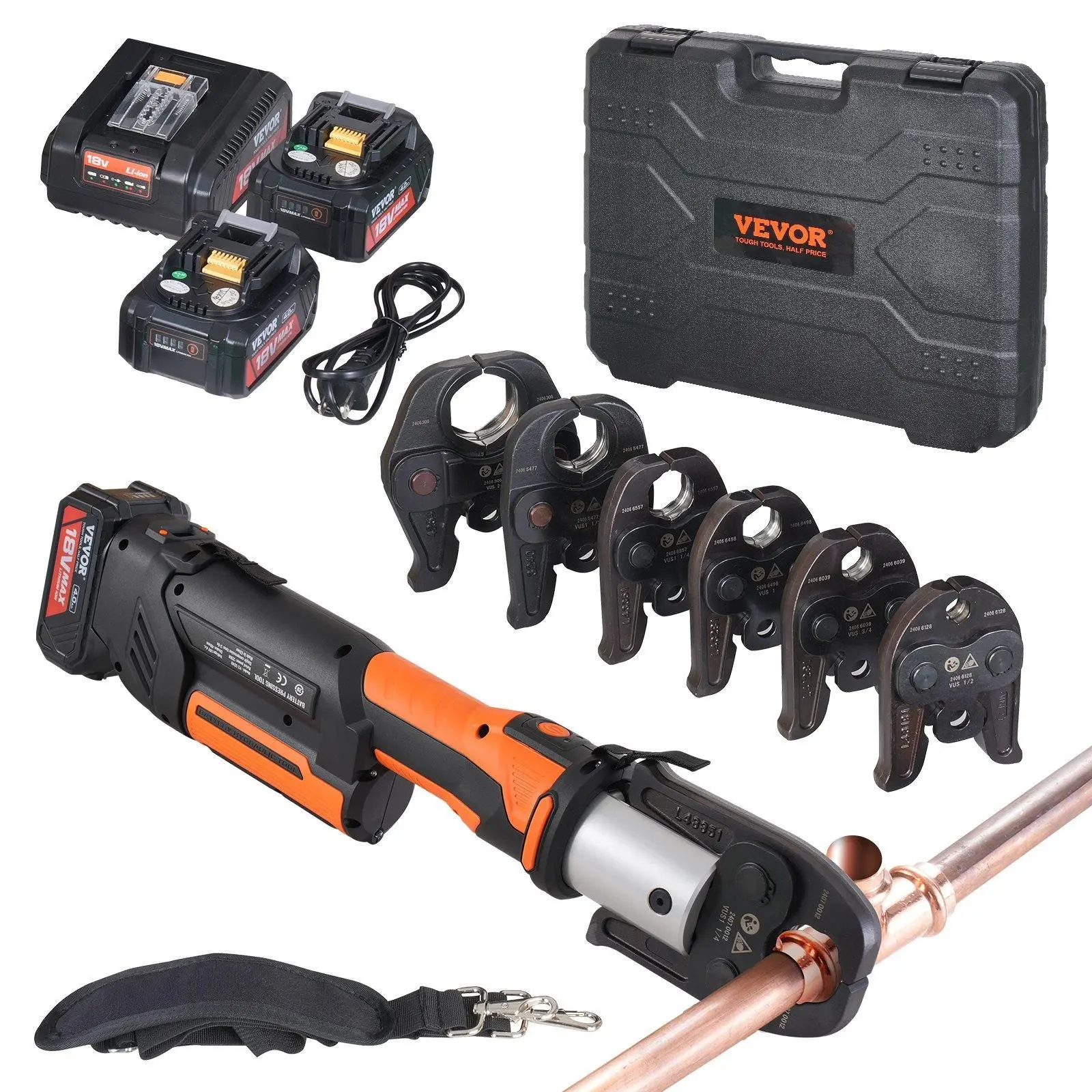 【Summerfinds】VEVOR ProPress Tool,  , 18V Electric Pipe Crimping Tool for 1/2”, 3/4”, 1”, 1 1/4", 1 1/2", 2" Copper Pipes, Press Tool Kit with Brushless Motor, 6 Pro Press Jaws, 2pcs 4AH Battery