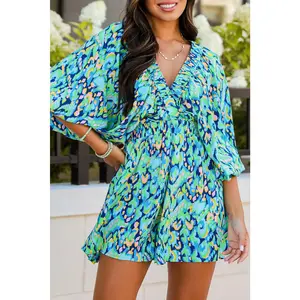 Abstract Print Puff Sleeve V Neck High Waist Romper