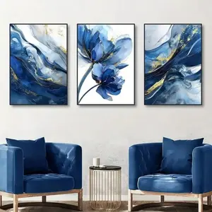 3 Pieces Abstract Dark Blue and Gold Art Prints, Luxury Wall Mural, High-end Taste Home Art, Contemporary Gallery Decor, Gold Tone Painting, Wall Decor for Living Room, Bedroom and Study, Framed or Unframed.