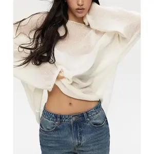 Sheer Knit Sweater Women 2025 Trendy Hollow Out Top Breathable Mesh Loose Fit Casual Streetwear summer t-shirt Short Sleeve Crop Print Long Can be used with a raincoat