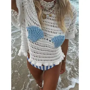 Women’s hollow-out short-sleeve sweater top with a color-blocked shell pattern design, comfortable and casual, perfect for everyday beachwear during vacations GARMENTARY