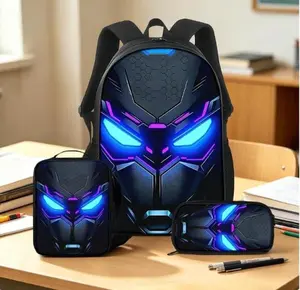 Boys’ Cyberpunk Mech Fashion 3-Piece Backpack Set — Large-Capacity Layered Storage Backpack