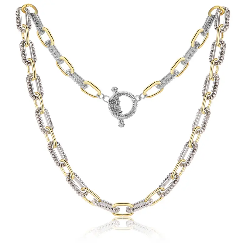 Aprilery Trendy 2-Tone Chain Necklace - 18.9 in Silver & Gold Link, Paperclip Toggle, Hypoallergenic, Durable, Electroplating, Lead/Nickel Free, Mixed Metal Layering Statement Jewelry Gift, Decorative Female Necklace