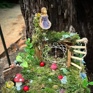 Tabletop Dreamcatcher Enchanted Fairy Garden Set with Mossy Bench and Welcome Sign for Miniature Landscaping